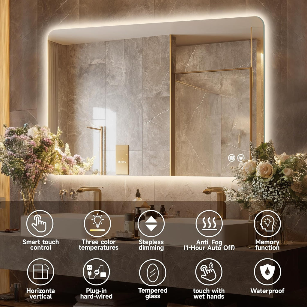 36''x24'' Backlit LED Mirror for Bathroom Rectangular Frameless Wall Mirror with Light Rounded Corners