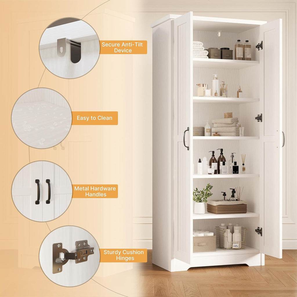 70" Tall Storage Cabinet, Large Wood Storage Pantry Cabinet with 6 Adjustable Shelves & 2 Doors, Standing Utility