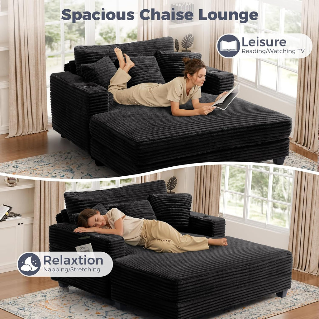 60" Chaise Lounge Chair Indoor, Wood Frame, Black | Oversized Sofa Bed, USB Port and 2 Cup Holders, Comfy Plush Faux