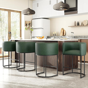 26" H Counter Height Bar Stools Set of 4, Modern Barrel Counter Stools with Backrest and Arms, Faux Leather