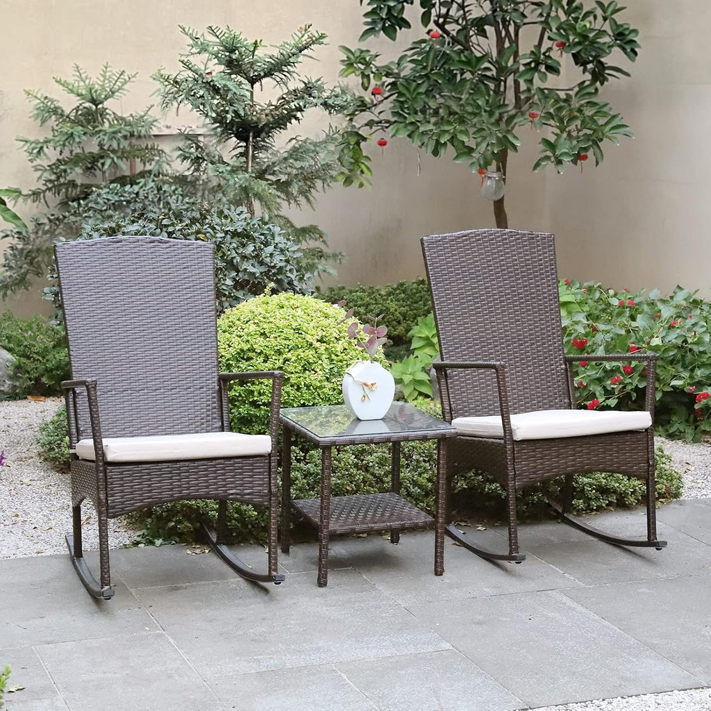 Outdoor Wicker Rocking Chair 3 Piece Porch Chairs Patio Bistro Set PE Rattan Furniture Sets with Coffee Table, Khaki