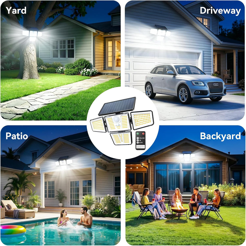 Solar Flood Lights, 3600LM 270° Motion Sensor Outdoor Lights-Remote | 4 Heads 3 Modes Solar Lights Outdoor, Glass