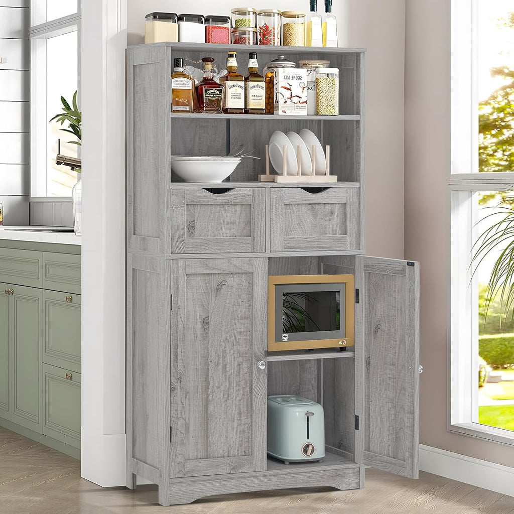 Storage Cabinet with 2 Drawers & Adjustable Shelf, Tall Bathroom Cabinet with Doors, Cupboard, Kitchen Cabinets , Grey