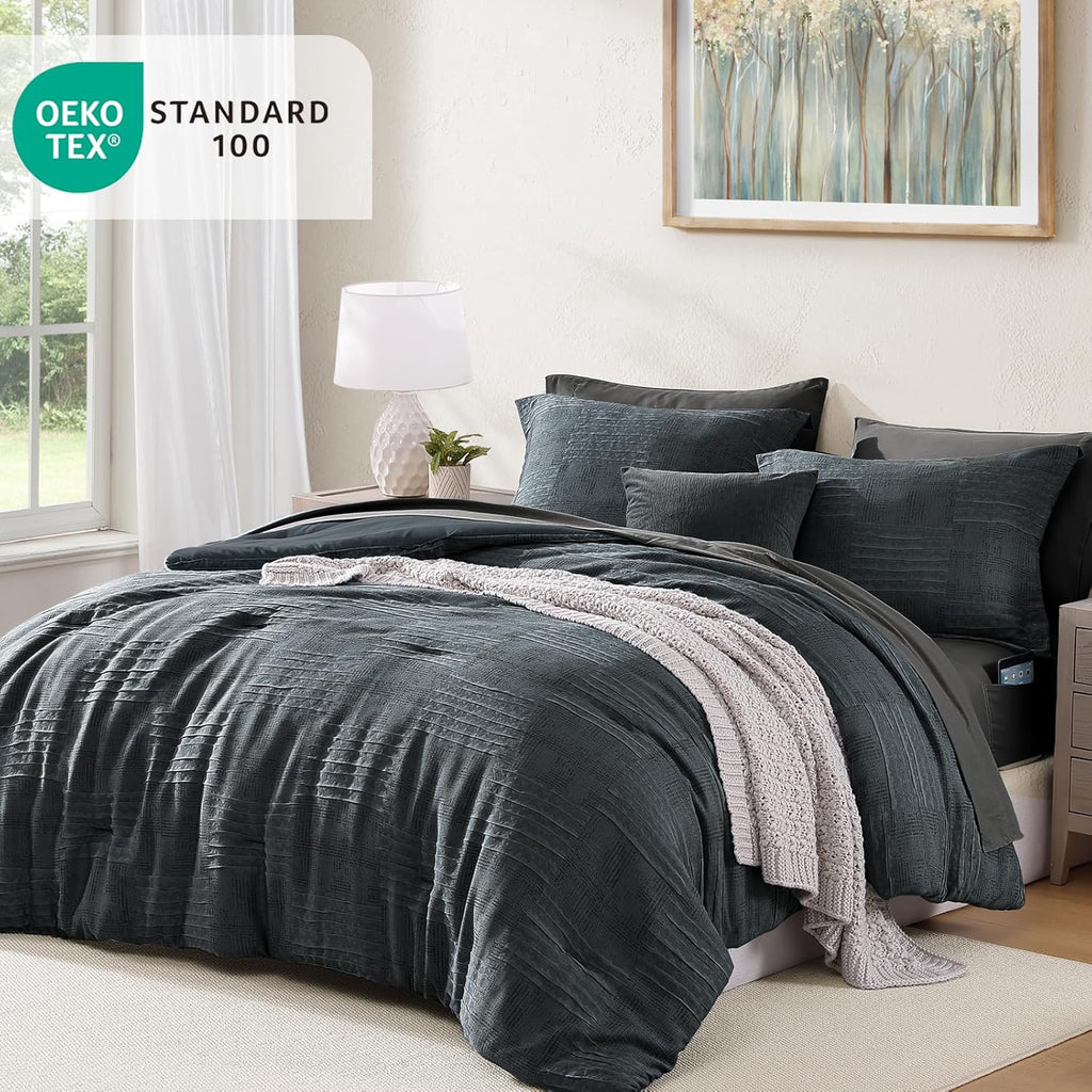 Comforter Set Blue Grey, Textured Design Crinkle Bedding Sets 7 Pieces