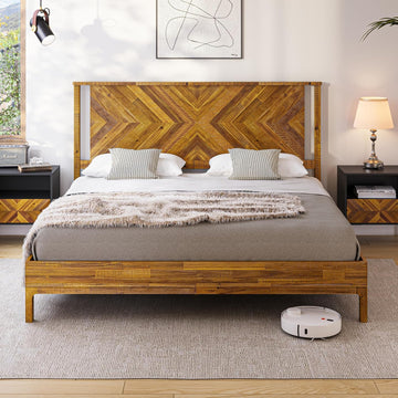 Vivian 14 Inch Deluxe Bed Frame with Headboard, Rustic & Scandinavian Style with Solid Acacia Wood