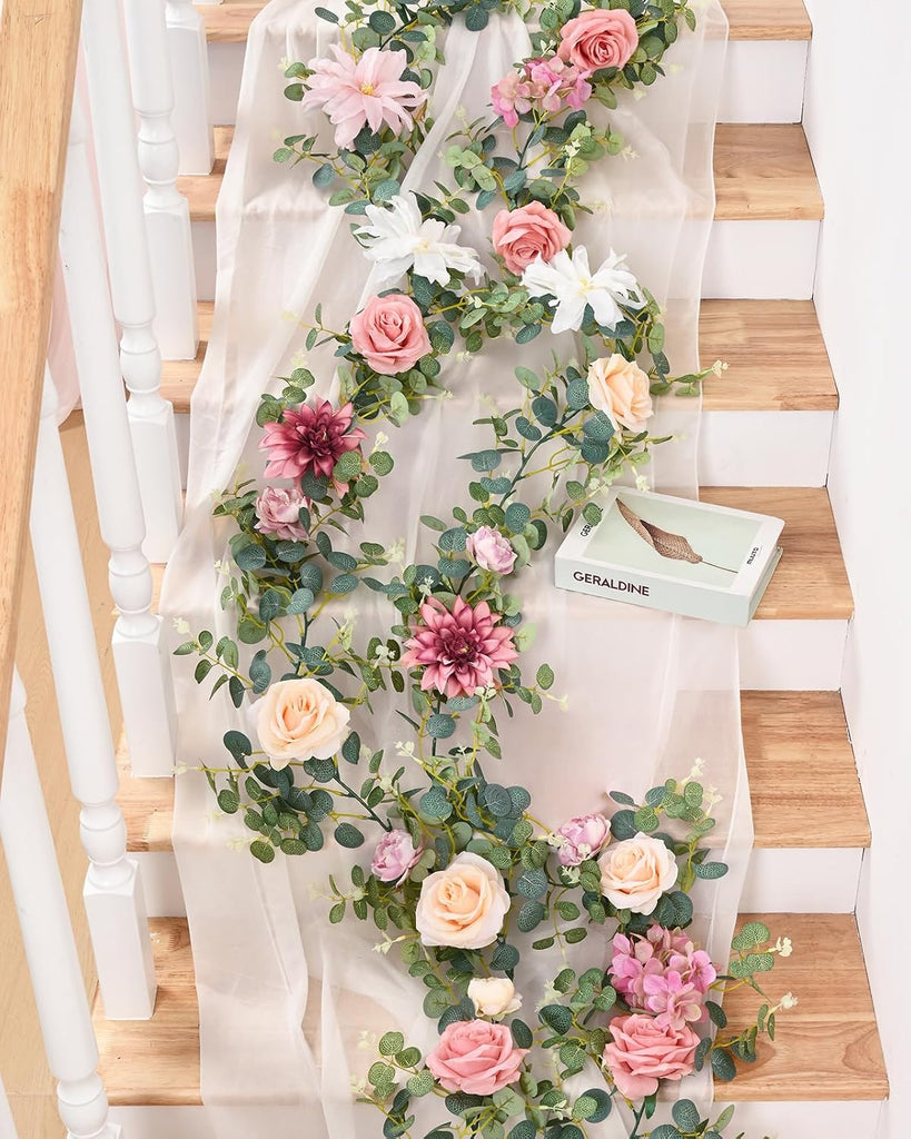 Artificial Flower Garland Decorations, 12.14Ft Eucalyptus Greenery Vines with Pink Roses for Wedding Table - Set of 2