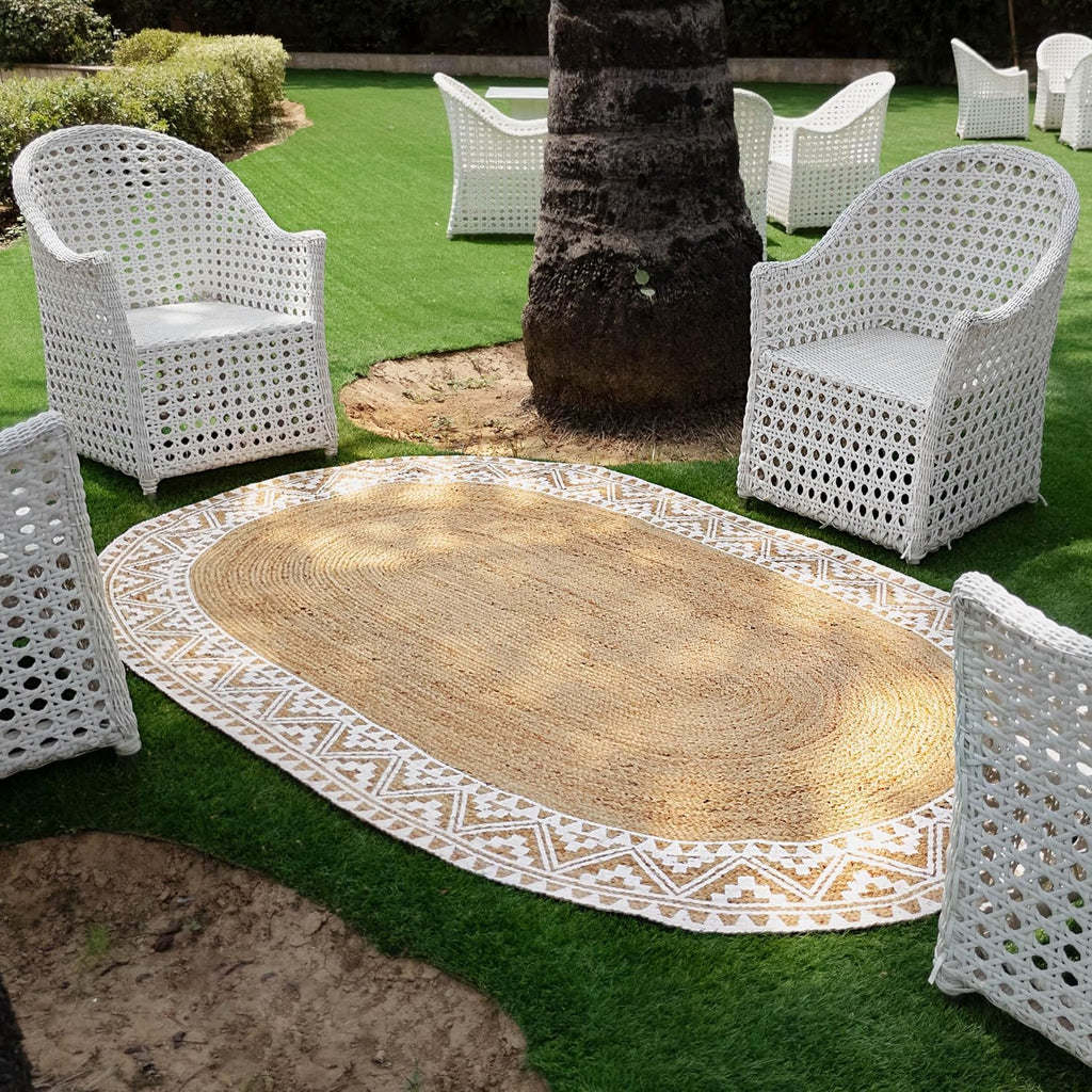 5X8 Feet-Oval, Premium Natural Jute Braided Area Rug, White Printed Border & Backing, Stain Resistance, Natural