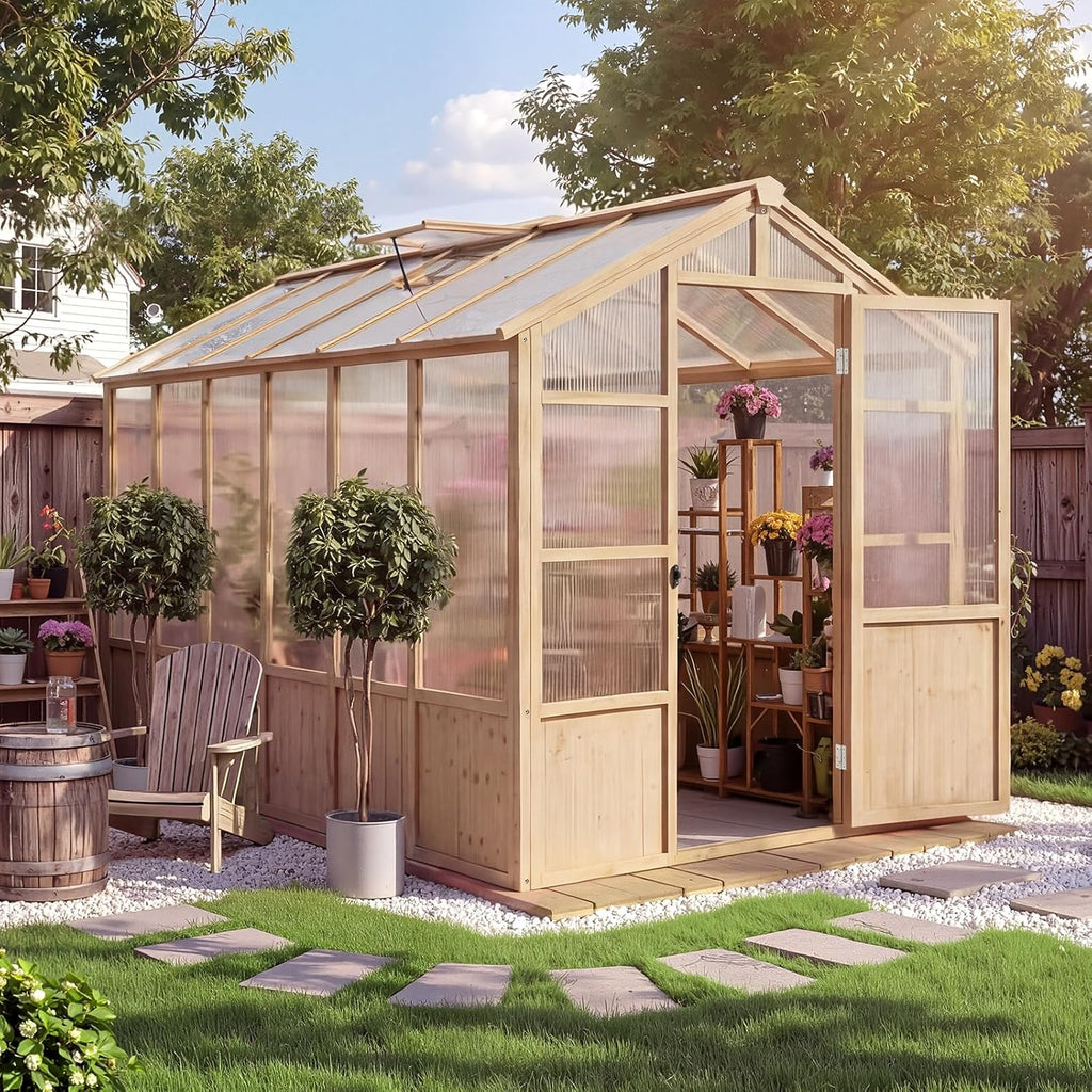 Heavy Duty Walk-in Wooden Greenhouse Kit, 4mm Polycarbonate Panels Green House with Adjustable Vents and Lockable