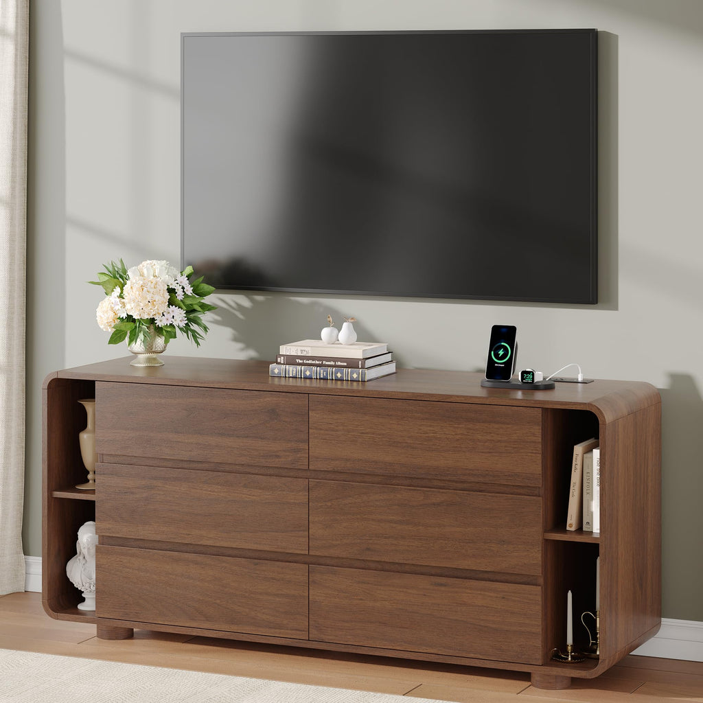 63 Inch 6 Drawer Dresser with Shelves, Rounded Corner, Walnut
