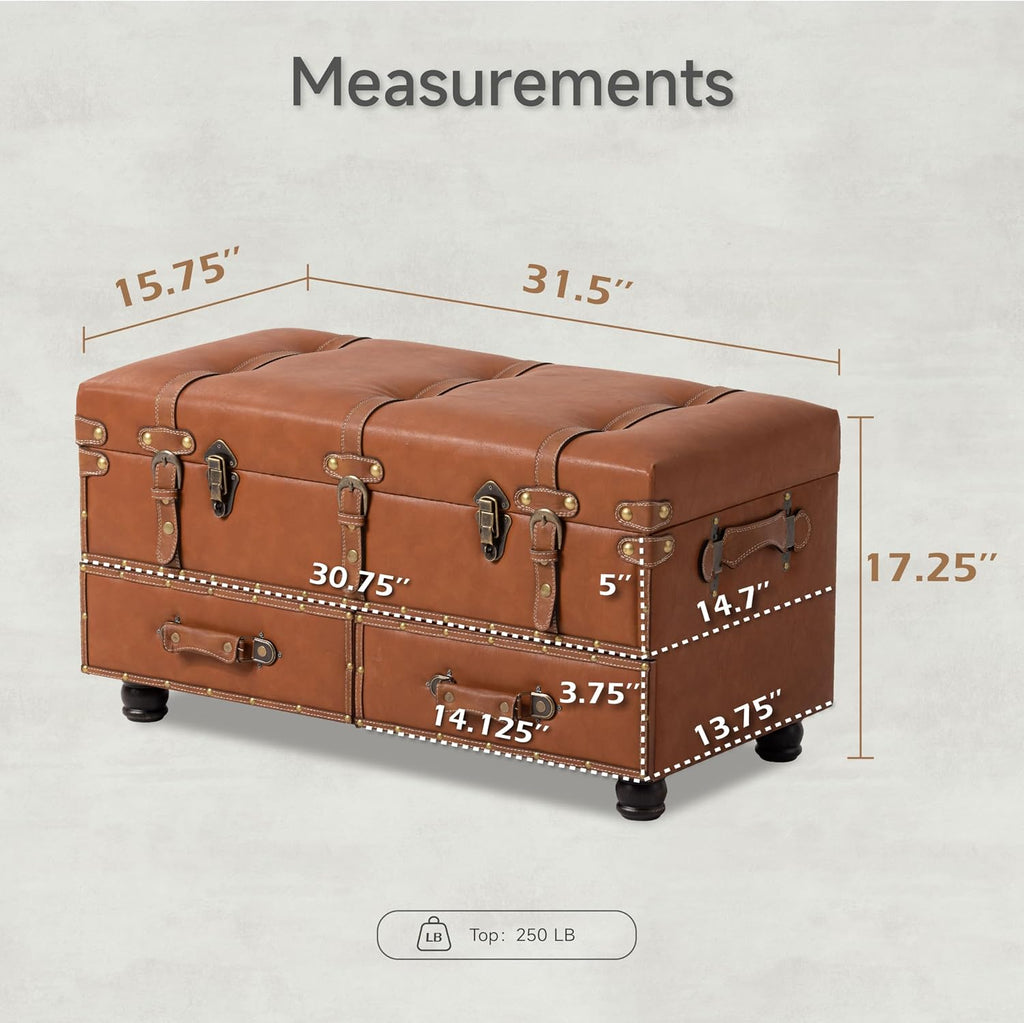 Vintage Treasure Chest Bench with Latch Closure and Buckle Trunk , Farmhouse Faux Leather Storage Ottoman Bench