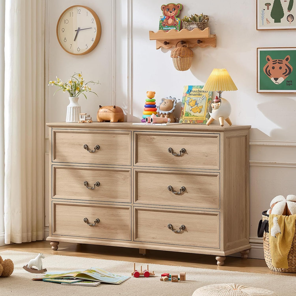 Farmhouse 6 Drawers Dresser , Vintage 54" Wide Chest of Drawers w/ 4 Wooden Legs, Rustic Large Closet Storage