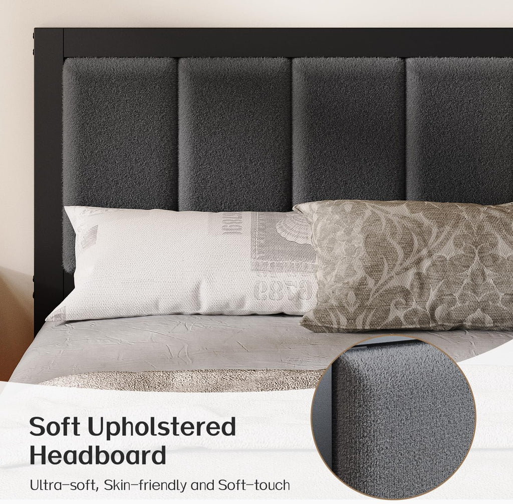 Twin Bed Frame with Headboard Metal Platform Bed Twin with USB Charging Station and LED Lights, No Box Spring Needed
