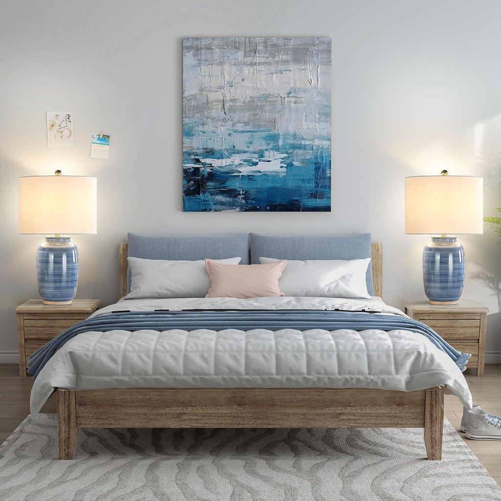 25" Blue Table Lamp, Modern Ceramic Lamp with White Shade, Coastal Blue Bedside Nightstand Lamp Home Office