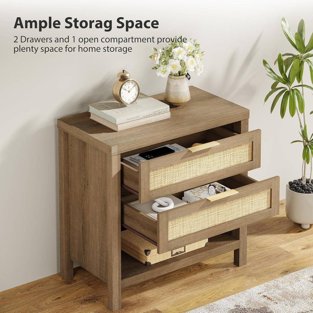Rattan Nightstands Set of 2, Farmhouse Bedside Table with 2 Drawers and Storage Shelf, Rattan Boho Accent Night