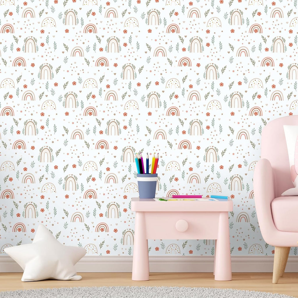 12''x472'' Rainbow Wallpaper Peel and Stick Boho Wallpaper Colorful Flower Leaf Wall Paper for Kids Room Nursery Self