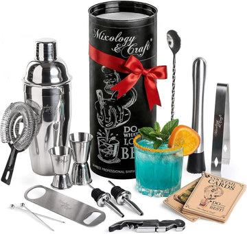 All-in-One Stainless Steel Cocktail Shaker Kit with 24 oz Cobbler Shaker, Includes Strainer, Muddler, Spoon, Jiggers