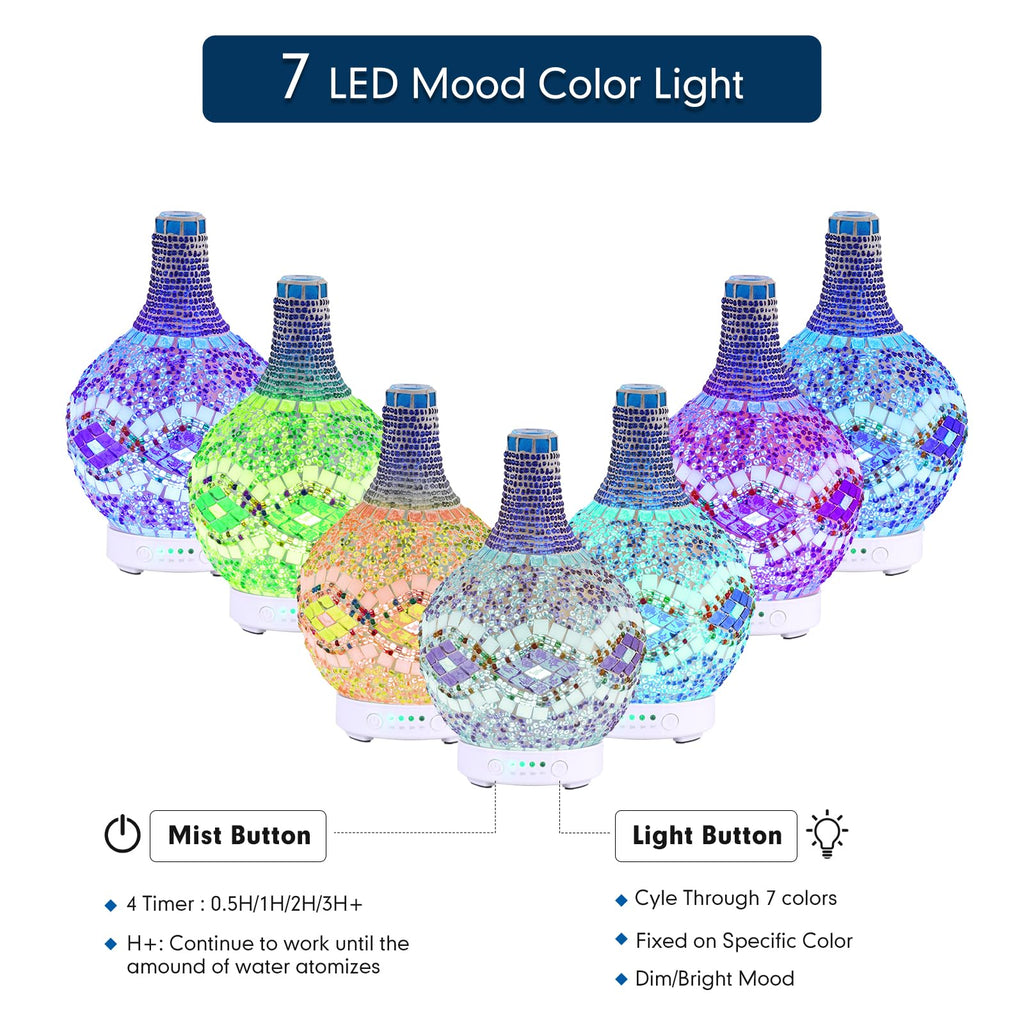 Mosaic Glass Essential Oil Diffuser, Tiffany Aromatherapy Diffuser 100ml Turkish Moroccan Color Changing Aroma