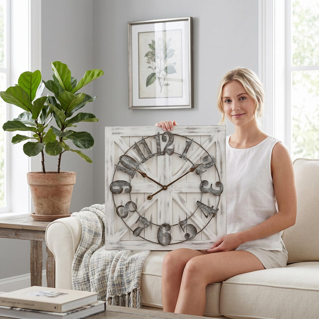 24 Inch Large Farmhouse Wall Clock, Rustic White Distressed Wood Frame with X-Brace Barn Door Backing, Silent