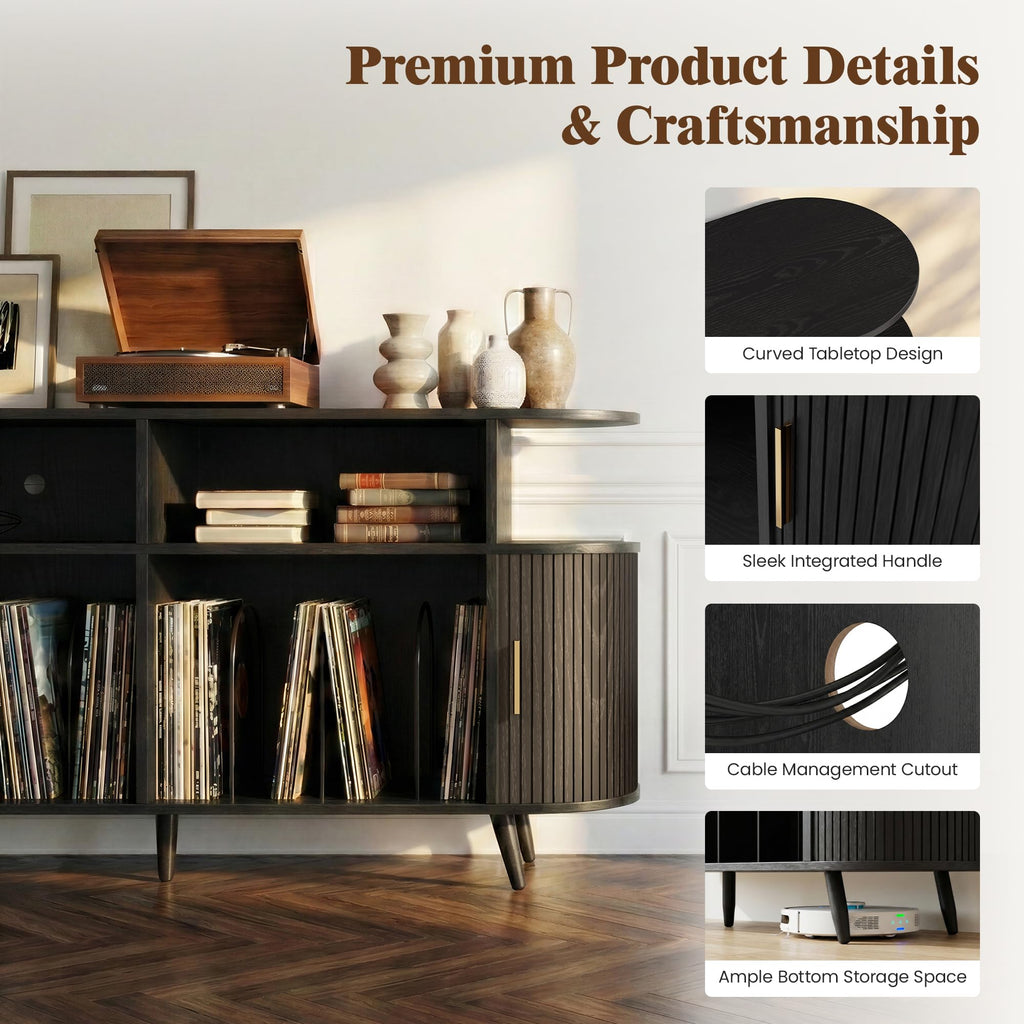 Large Record Player Stand with Storage, Media Stereo Shelf Charging, Black