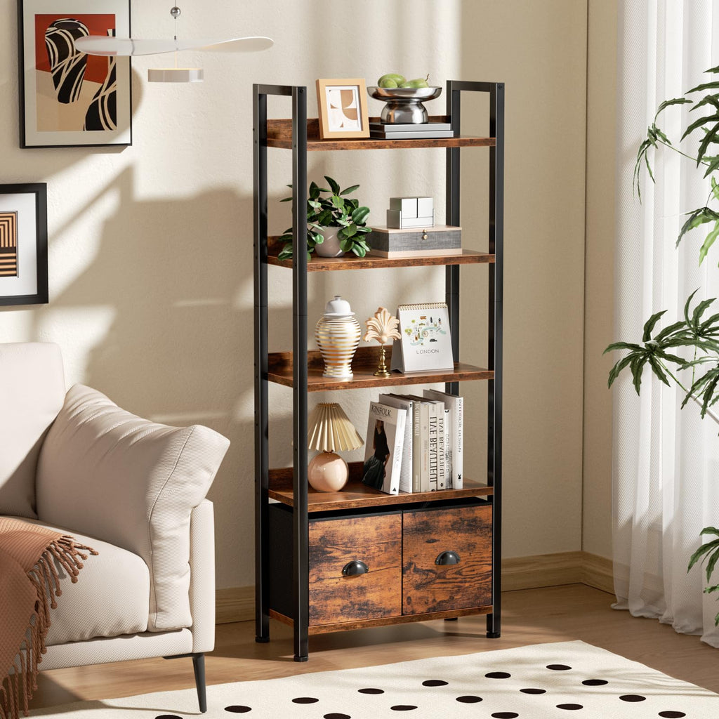 5-Tier Bookshelf, Tall Bookcase with Fabric Drawers, Rustic Brown