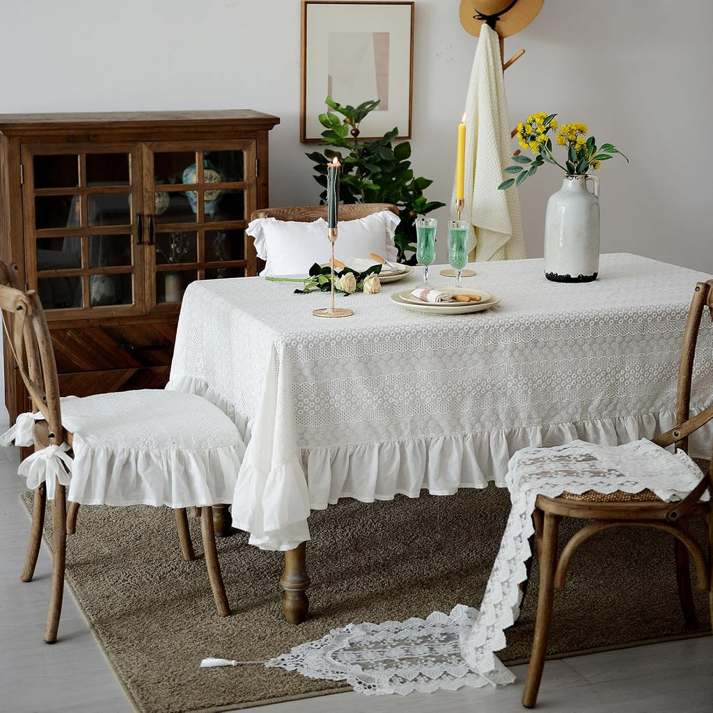 French White Cotton Tablecloth Ruffled Lace Embroidered Fabric Tablecloths Rustic Rectangular Washab