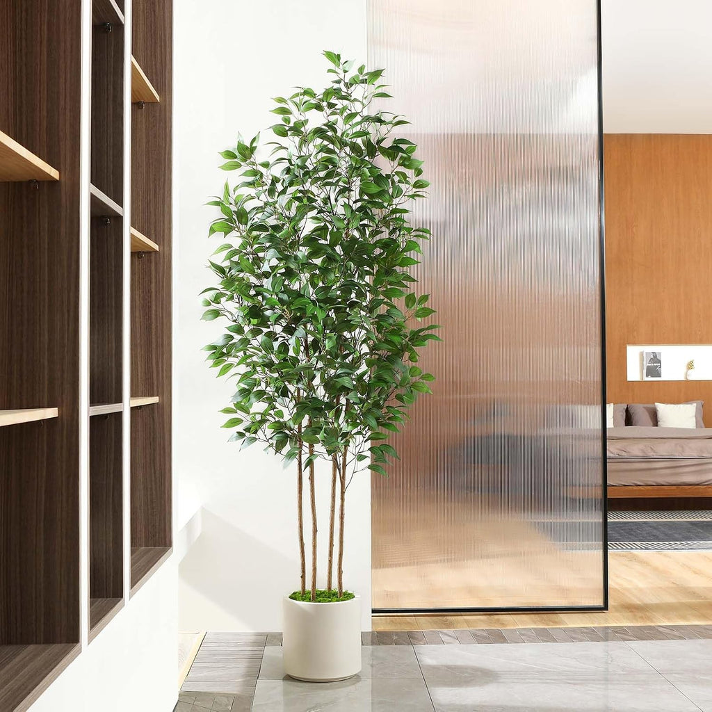 Ficus Artificial Tree 7ft Fake Silk Plant Decor Indoor, Faux Tree in White Imitation Ceramic Planter Fake Floor Plant