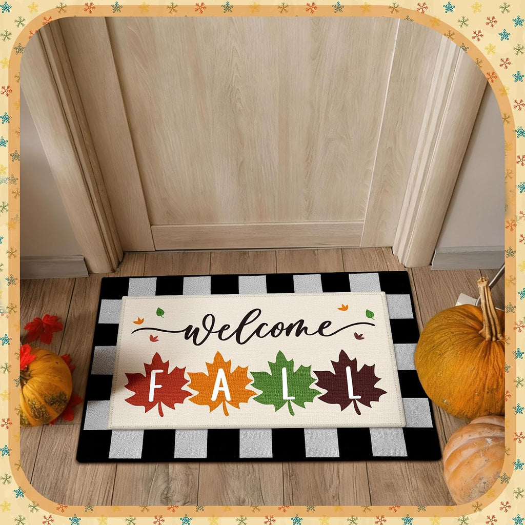 5 Pcs Seasonal Doormat Combo Set, Fall Winter Spring Summer,Cute | Welcome, Non Slip Rubber Backing, Buffalo Plaid