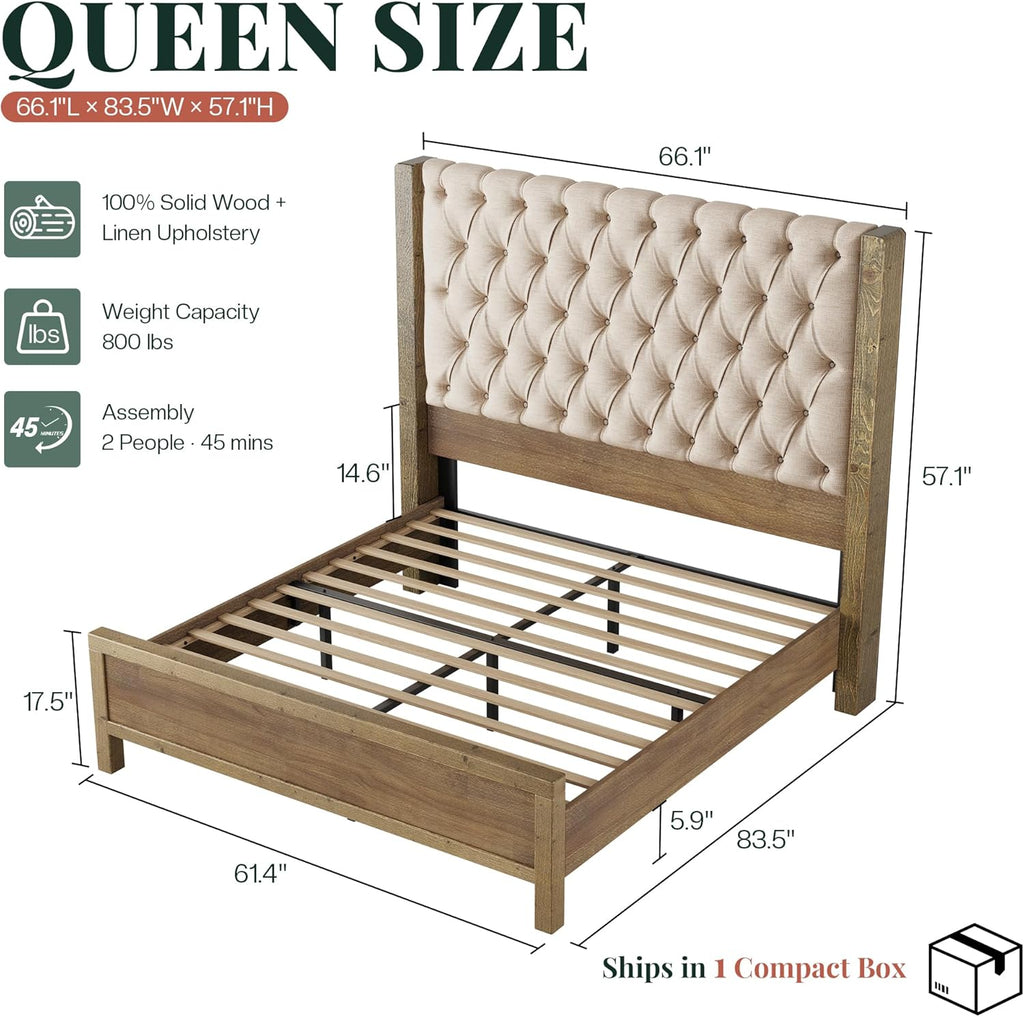 Solid Wood Queen Bed Frame, 57" Tall Farmhouse Platform Beds, Upholstered Line Wingback Headboard, Deep Button