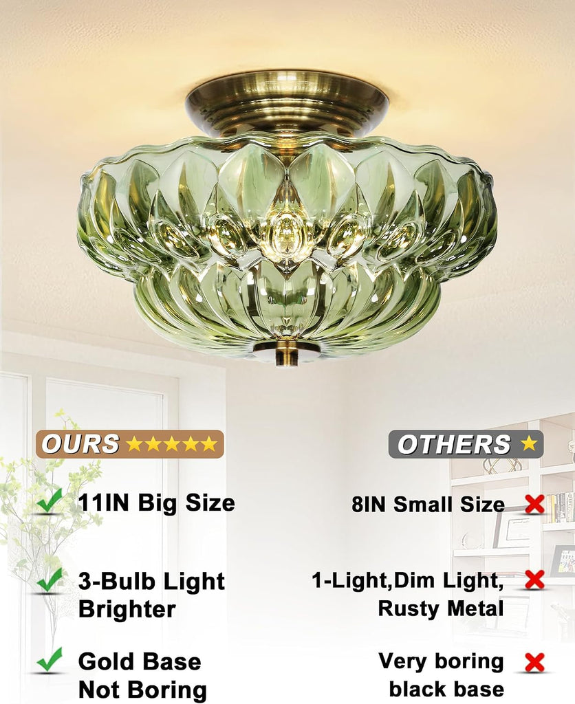 11" Semi-Flush Mount Ceiling Light,3-Bulb Green Glass Hallway Light Fixture | Indoor Lighting,Gold Close to Ceiling