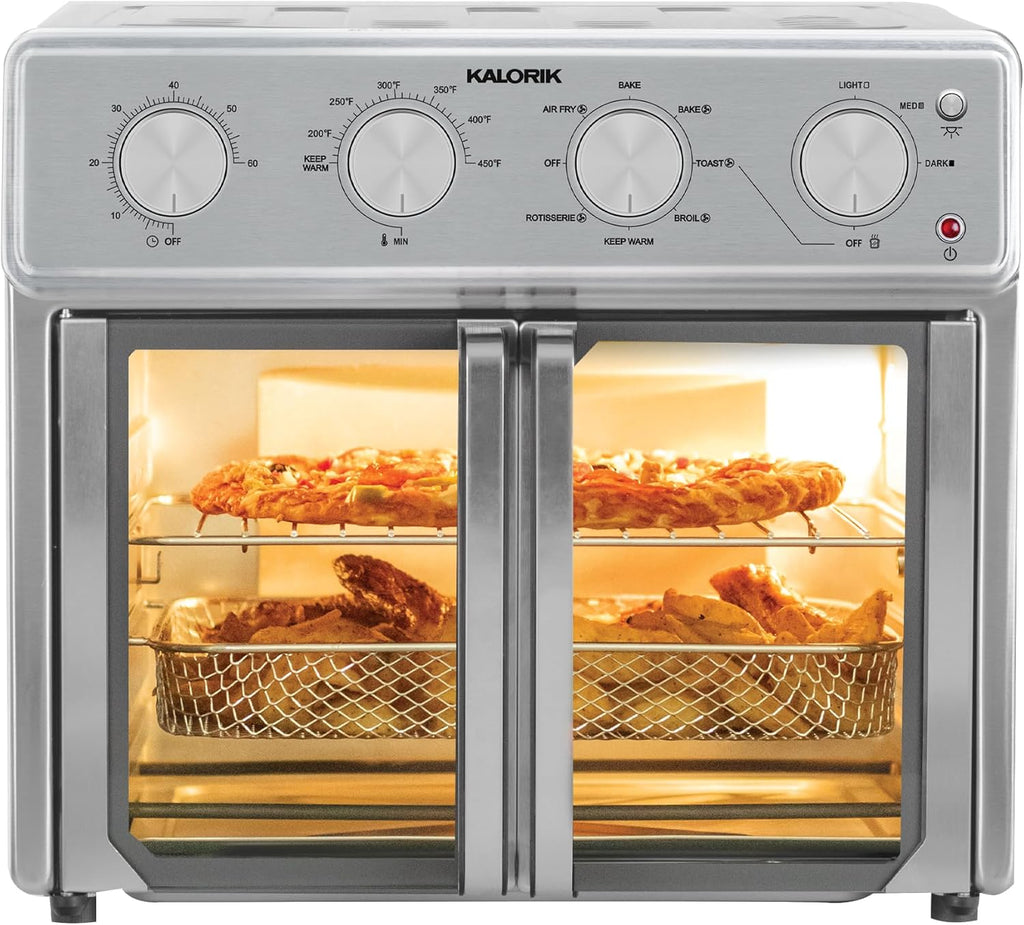 MAXX Air Fryer Oven, 26 Quart 9-in-1 Countertop Toaster Oven and Air Fryer Combo - Fry, Bake, Roast, Rotisserie, & More, Large Glass French Doors & 7 Accessories, 1700-Watts, Stainless Steel