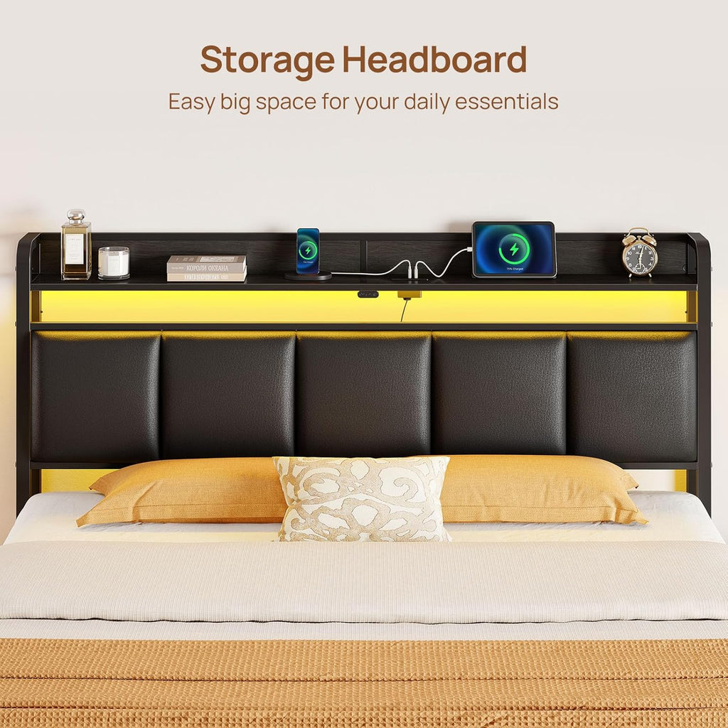 Bed Frame Queen with Charging Station and LED Lights, Upholstered Storage Headboard with Drawers