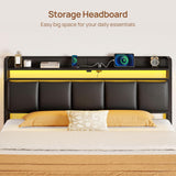 Bed Frame Queen with Charging Station and LED Lights, Upholstered Storage Headboard with Drawers