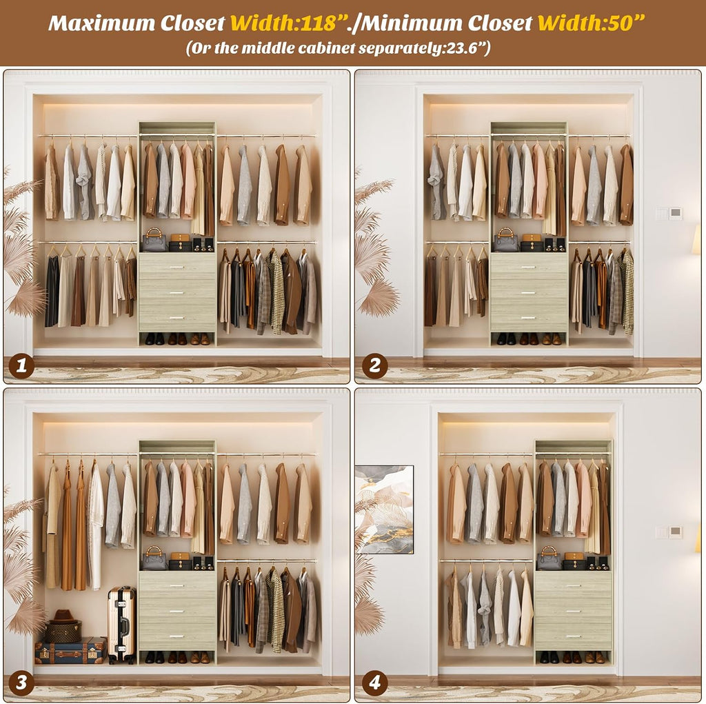 Closet System, Closet Organizer with 3 Wooden Drawers, Closet Organizer System, Walk-in Closet Wardrobe Clothes Rack