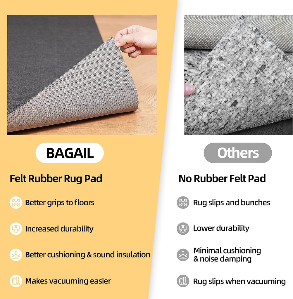 BAGAIL Felt and Natural Rubber Backing Rug Pads 1/4" Thick, 9 x 12 Ft Non Slip Carpet Gripper Keep Rugs in Place - Set of 108