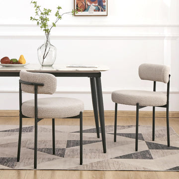 Boucle Dining Chairs Set of 2, Round Upholstered Dining Room Chairs with Black Metal Legs
