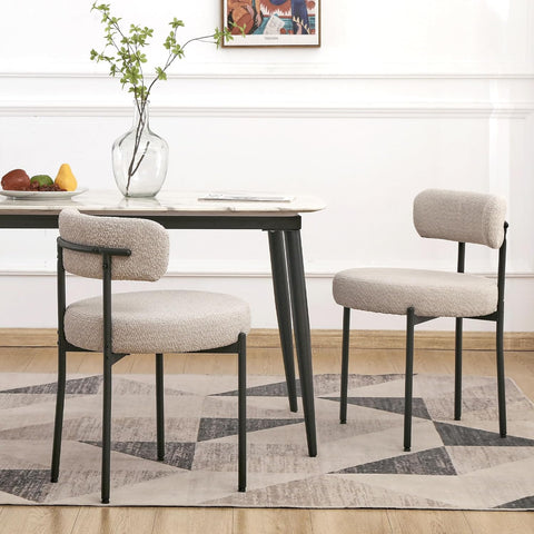Boucle Dining Chairs Set of 2, Round Upholstered Dining Room Chairs with Black Metal Legs