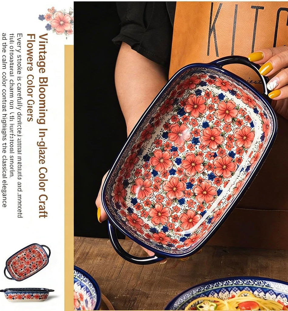 Ceramic Dish with Handles, Hand-painted Polish Pottery Dish Set of 2, Pan Lasagna Pan, Rectangular, Floral Pattern