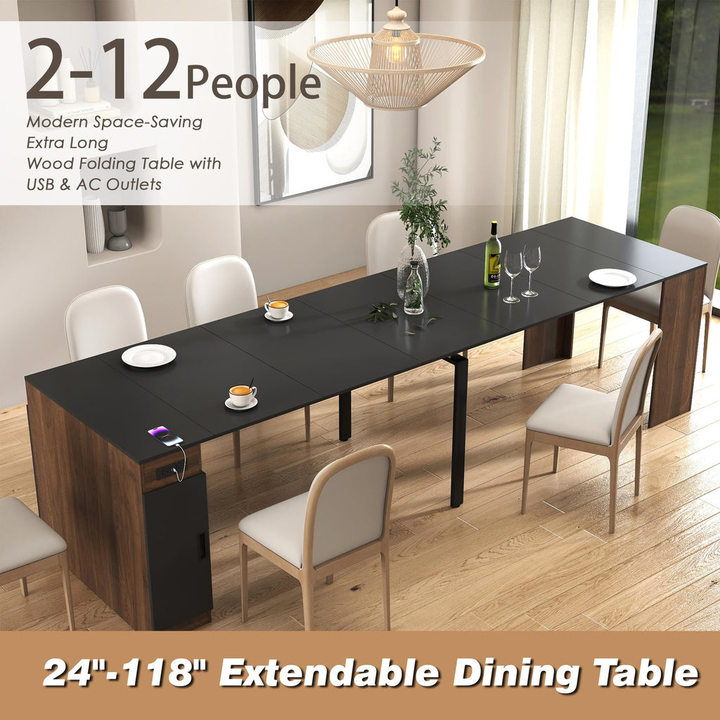 24"-118" Extendable Dining Room Table with Storage and Outlet, Walnut&Black