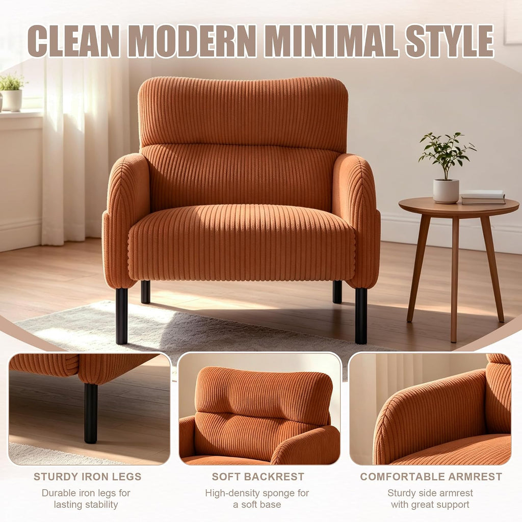 Accent Chair, Single Sofa Chair with Wingback, Corduroy Upholstered Reading Nook Armchair (Orange)
