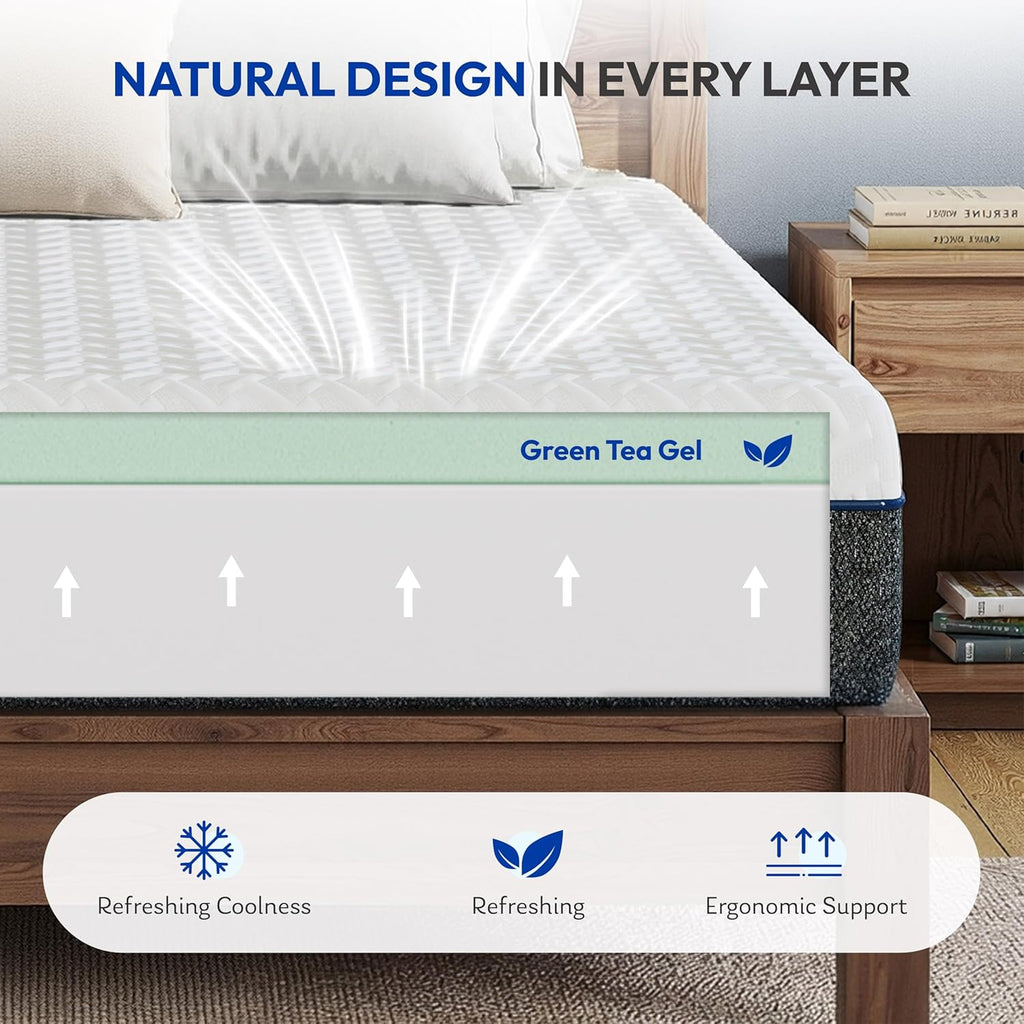 Firm Queen Mattress 10 Inch,Cooling Green Tea Gel Memory Foam | Cool Night Sleep,Back Pain Relief,Enhanced