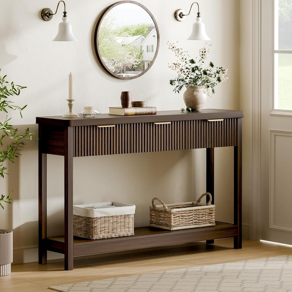 Fluted Console Table, 51 Inch Entryway Table with 3 Drawers | Scandi farmhouse look with quiet full-extension slides