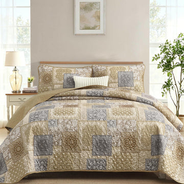 Boho Quilt Set, Beige Plaid Floral Bedspread Coverlet Set