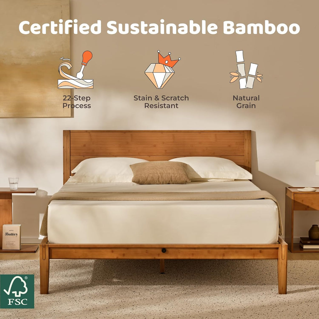 Japanese Joinery California King Bed Frame, Mid-Century Modern Solid Bamboo Wood Platform Bed with Tall Headboard