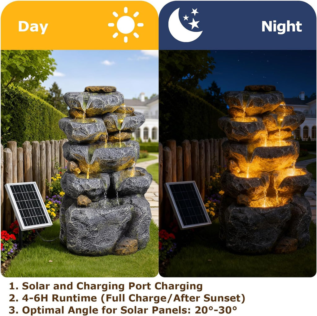 5 Tiered Solar Powered Water Fountain, Solar Water Fountain Outdoor Garden Cascading Rock Water Fall Fountains