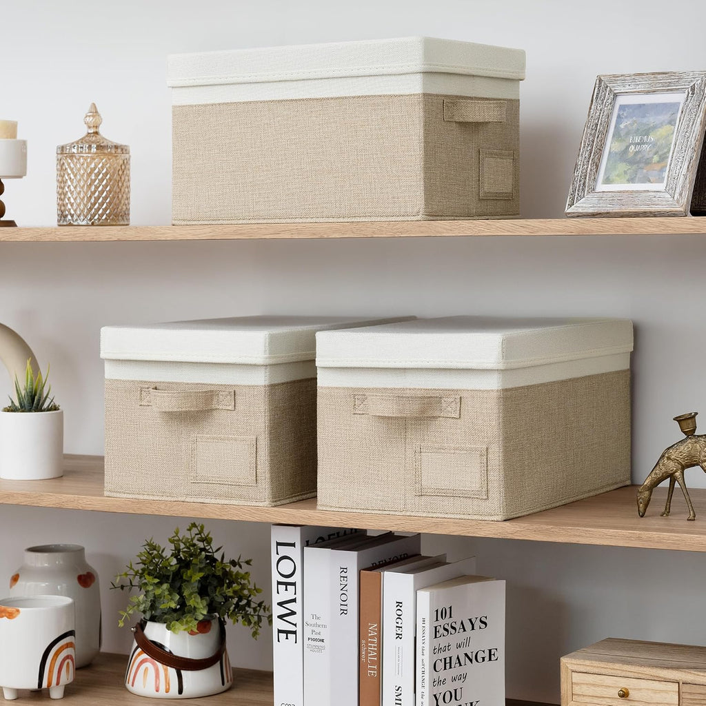 Storage Basket with Lid, Linen Fabric Storage Bins with Label, Decorative Storage Boxes, Clothes Storage and