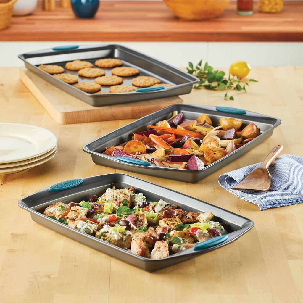 Nonstick Pans Set, 3-Piece Cookie Pan Bakeware, Gray with Agave Blue Silicone Grips