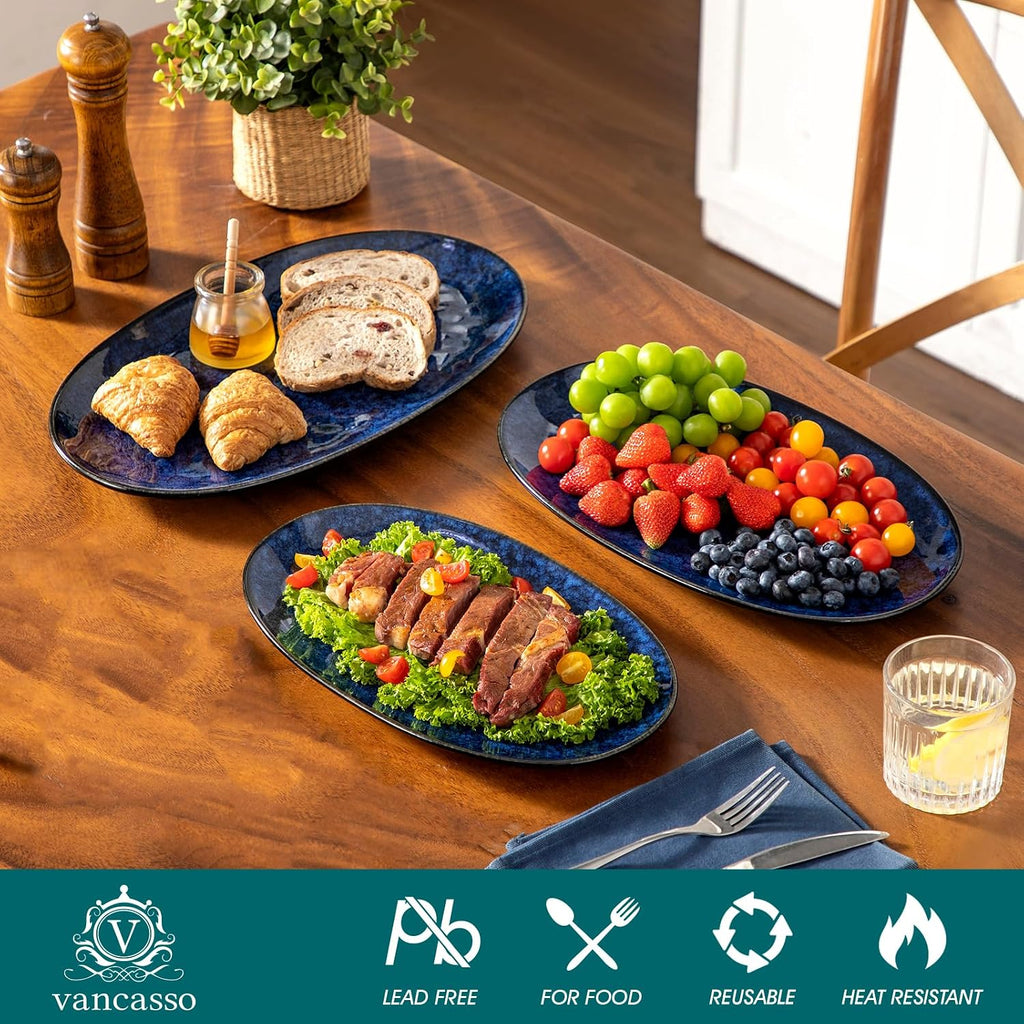 Ceramic Serving Platters Set of 3, Oval 16/14.7/13.5 Inch Stoneware Serving Dishes for Entertaining, Microwave Safe