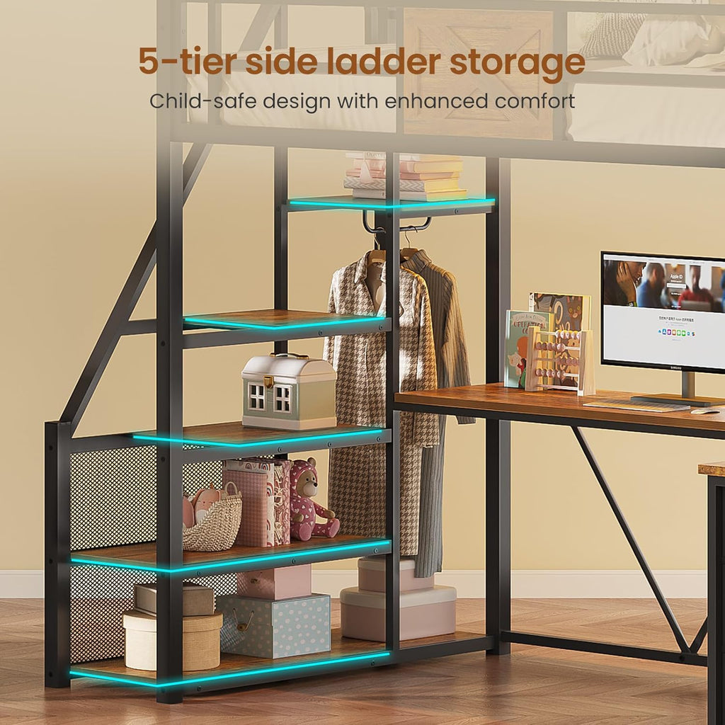 Stairway Twin Loft Bed with L Shaped Desk and Wardrobe, Metal Loft Bed Frame with Storage Stairs, 3 Fabric Drawers