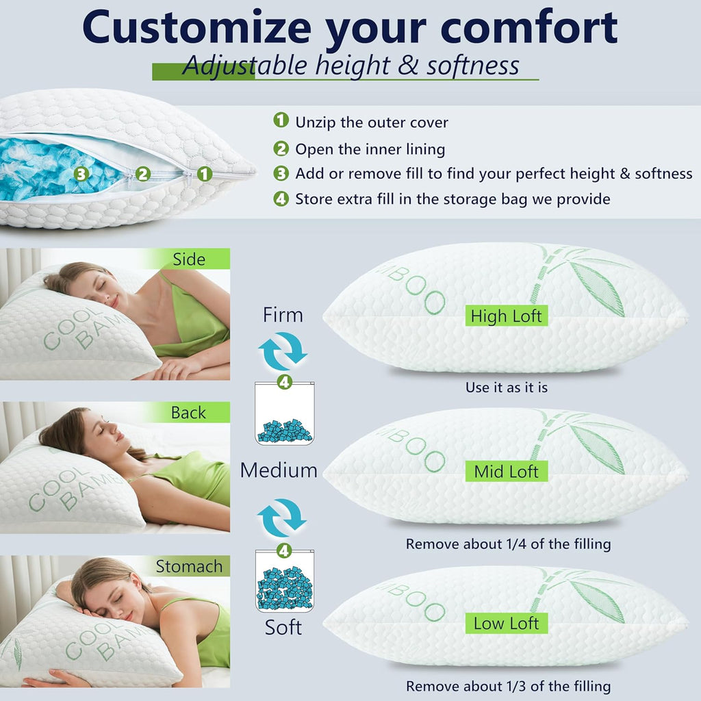 Cooling Pillows, Shredded Memory Foam Pillows Standard Size Set of 2 Adjustable Firm Bamboo Bed Pillows for Hot