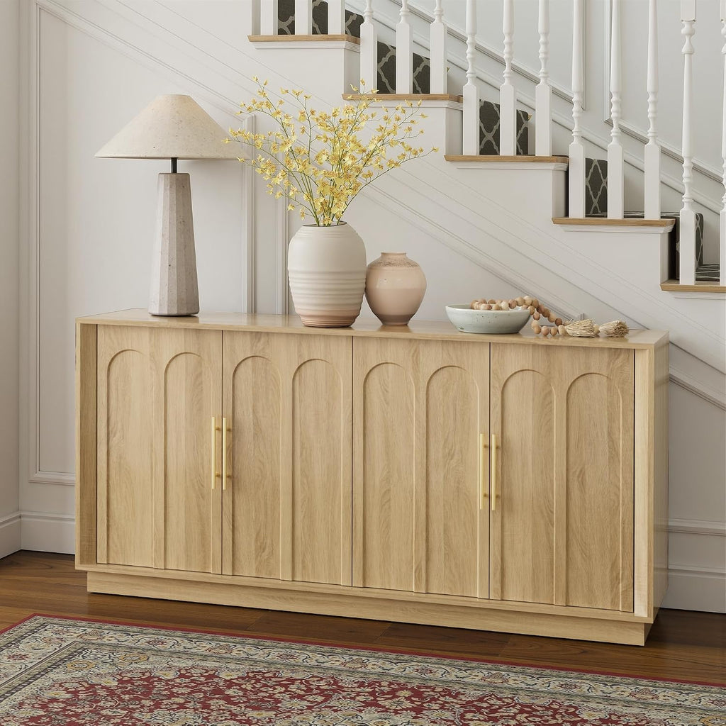 67" Sideboard Buffet Cabinet with Storage, Arched Doors, Oak | Modern Minimalist Accent Cabinet with Wood Gain, Boho